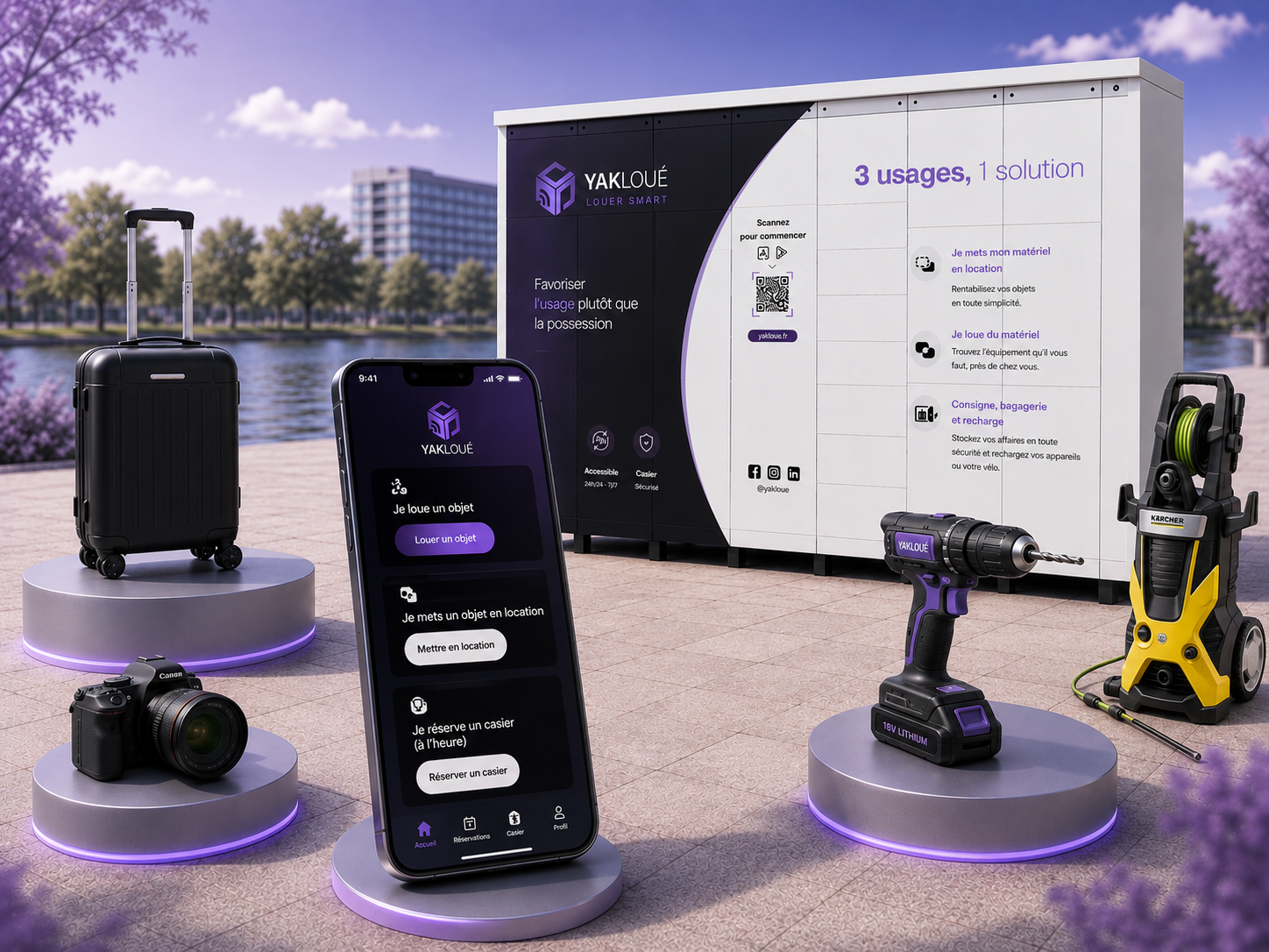 Casier connecté Yakloué avec smartphone, bagages et perceuse sur fond urbain